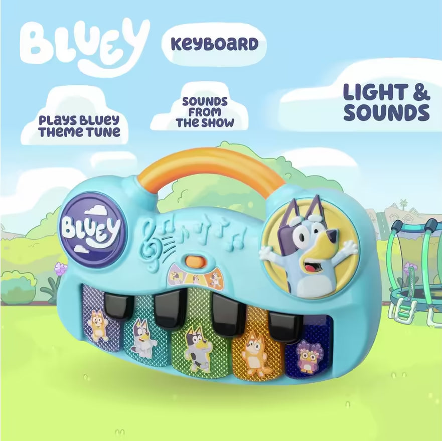 Bluey piano met licht en geluid, vrolijke kleuren en figuren uit de show, perfect peuter speelgoed voor muziekplezier.