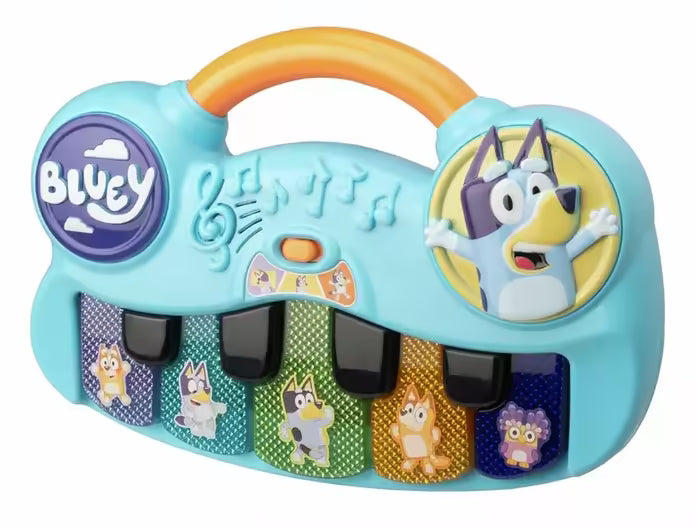 Bluey piano in lichtblauw met oranje handvat, kleurrijke toetsen en figuren, ideaal muziek speelgoed voor kinderen.