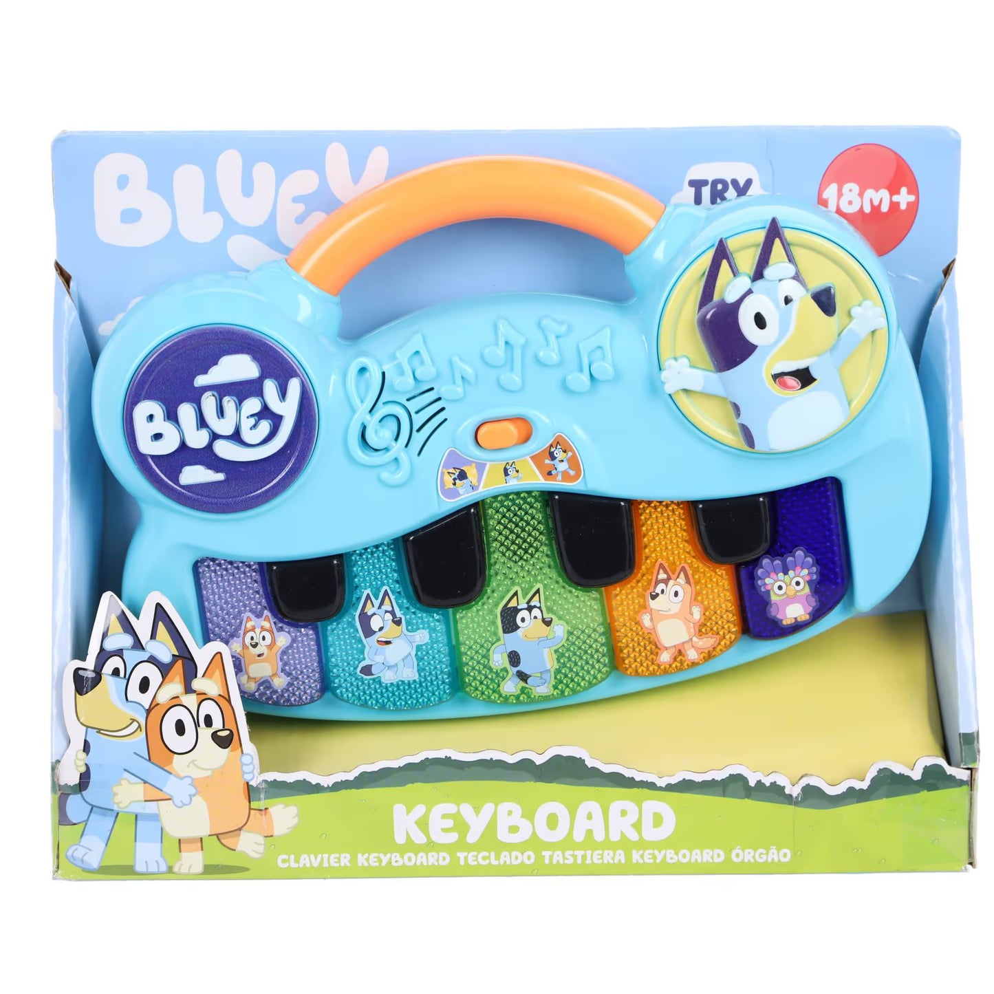 Voorkant verpakking van Bluey piano keyboard met vrolijke kleuren en figuren, kindvriendelijk muziek speelgoed.