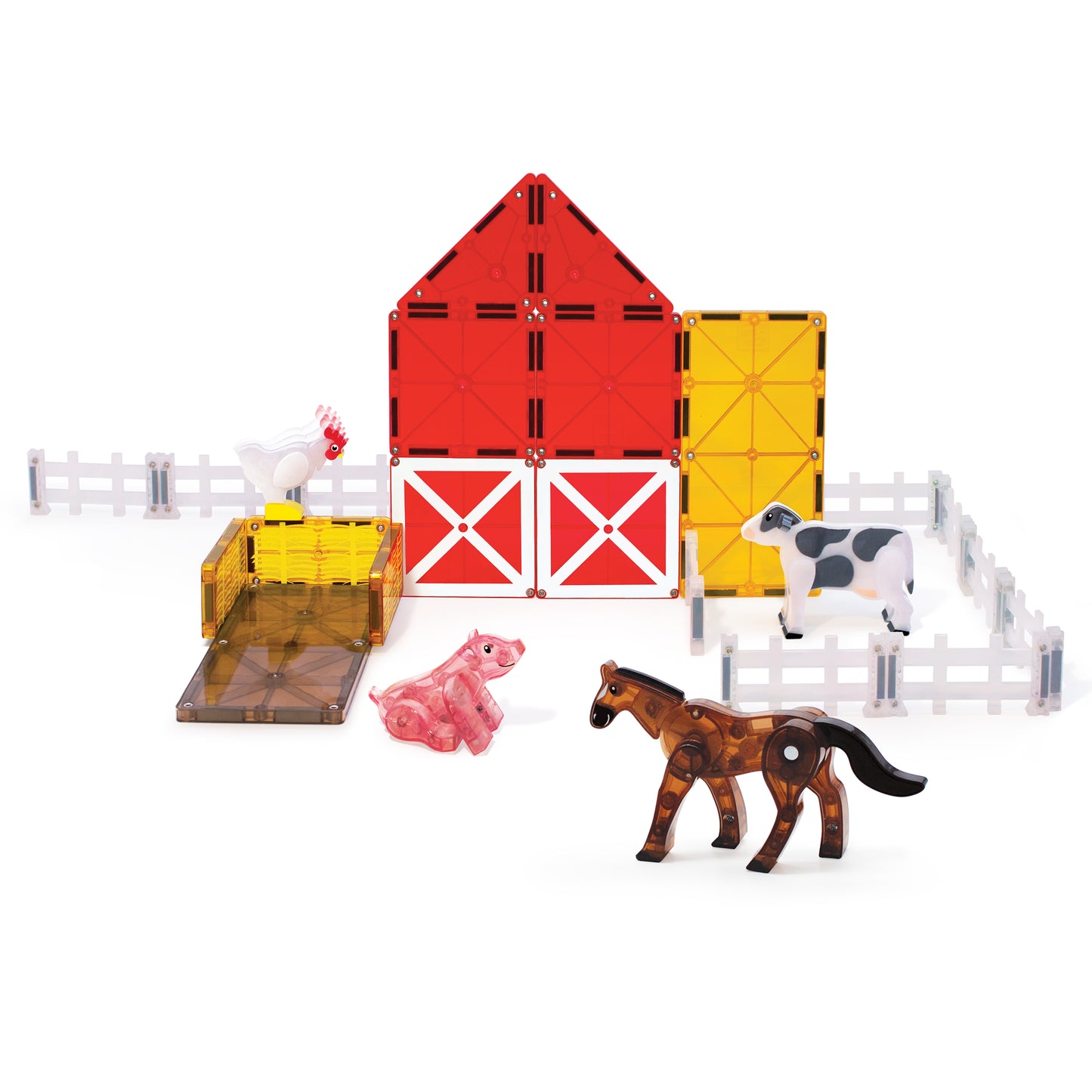 Bovenaanzicht complete magnetic magna tiles farm animals set met 25 magnetische tegels en hekken