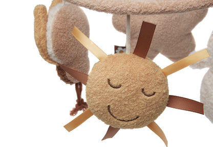 Jollein baby mobiel met lachende zon detailfoto, sensorisch speelgoed met linten in bruin en geel