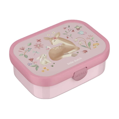 Broodtrommel Little Dutch Fairy Garden in roze uitvoering, vrolijke lunchbox voor kind met hertje en bloemenprint.