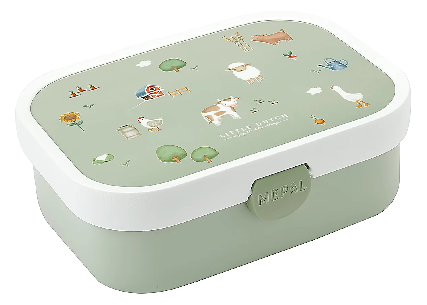 Broodtrommel Little Dutch Farm met boerderijdieren, Mepal Campus Lunchbox voor kinderen in groen en wit.