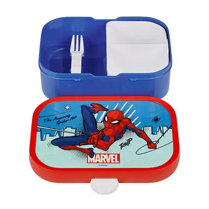 Broodtrommel Marvel Spiderman met roze deksel, vakindeling en vorkje, vrolijke Mepal Campus lunchbox.
