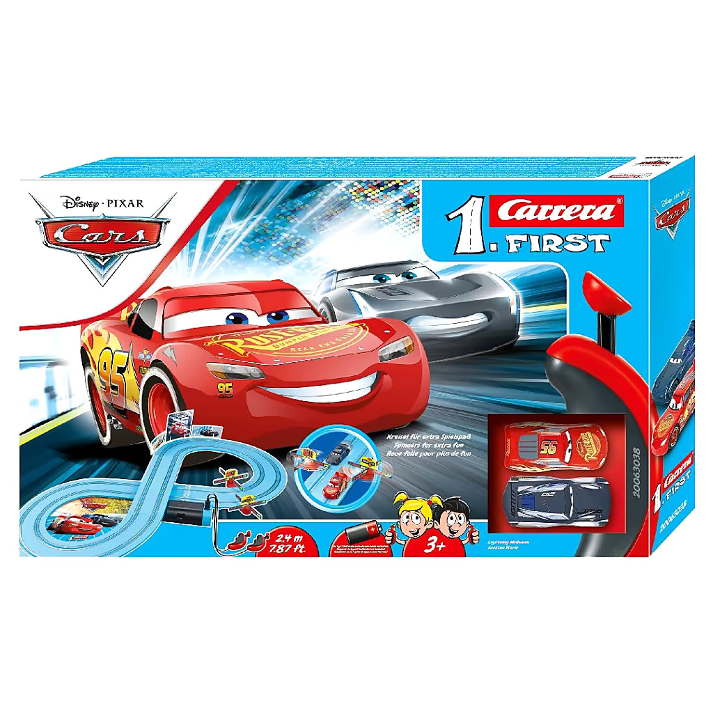 Disney Pixar Carrera First Cars Power Duell verpakking met Lightning McQueen en Jackson Storm, peuter cadeau vanaf 3 jaar.