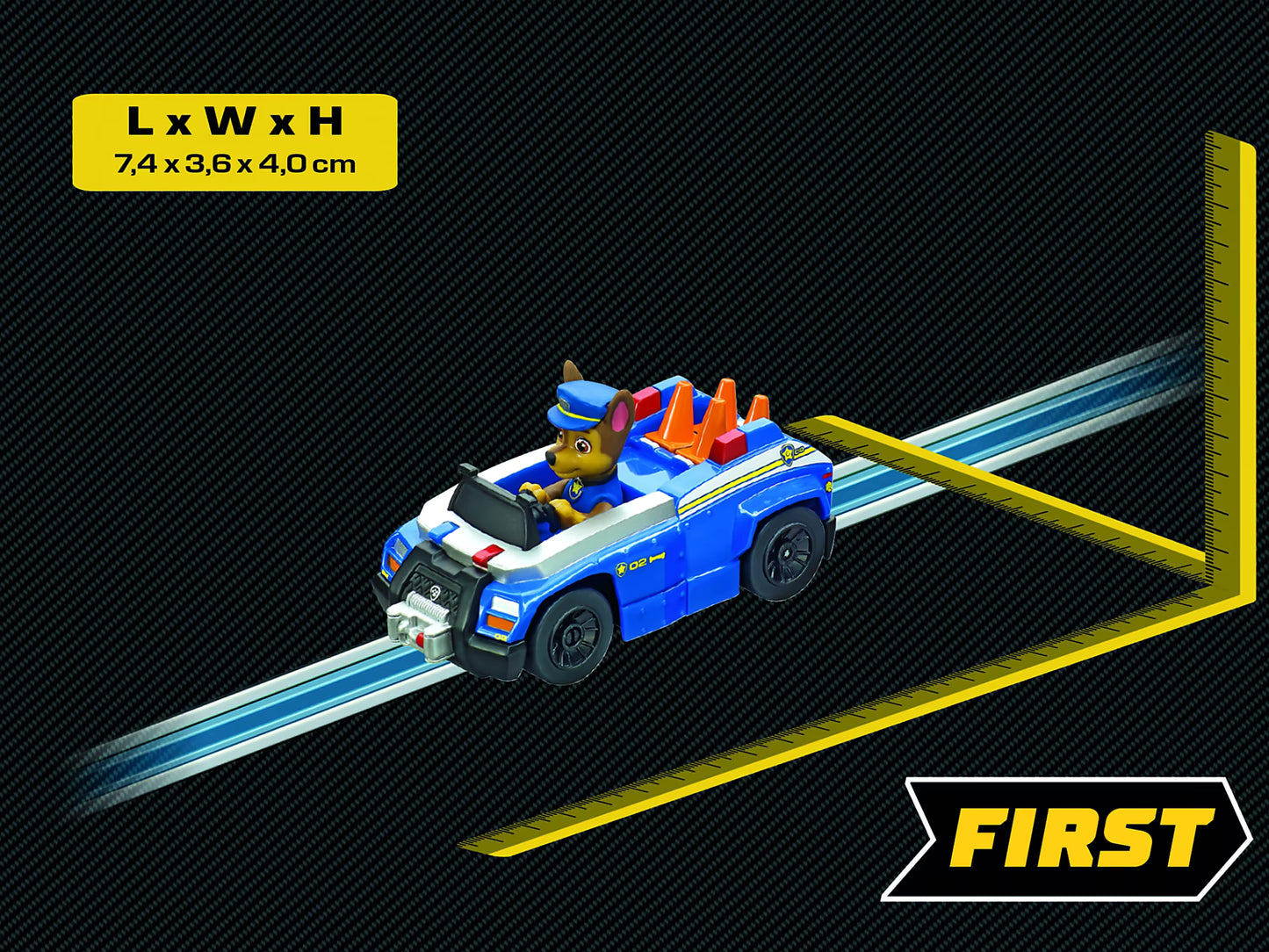 Carrera First Paw Patrol Chase politieauto detailfoto met afmetingen 7,4 x 3,6 x 4,0 cm voor peuters.