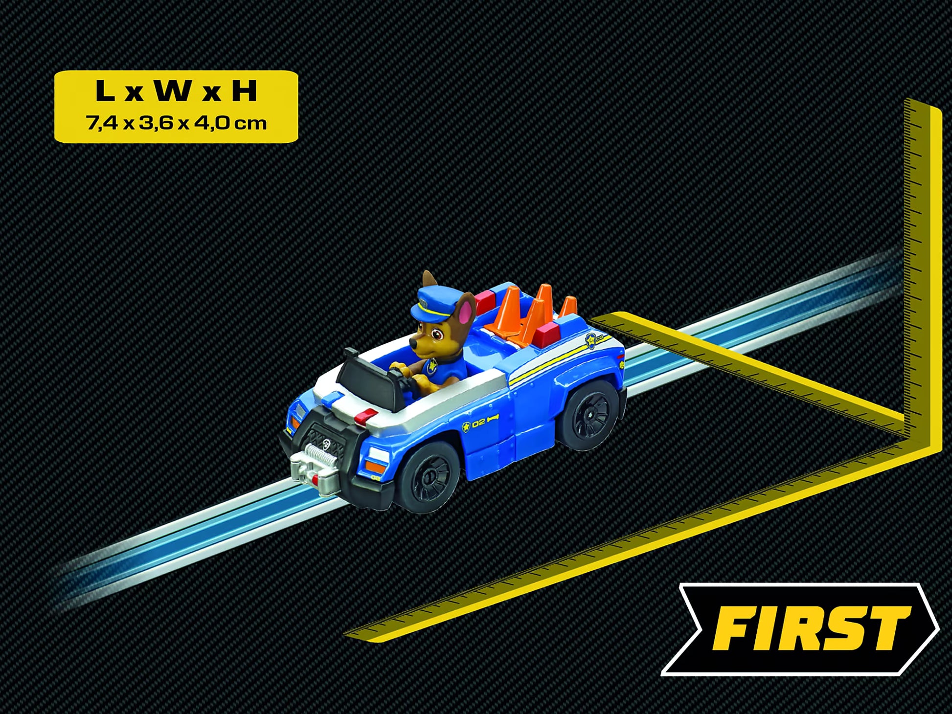 Carrera First Paw Patrol Chase politieauto detailfoto met afmetingen 7,4 x 3,6 x 4,0 cm voor peuters.