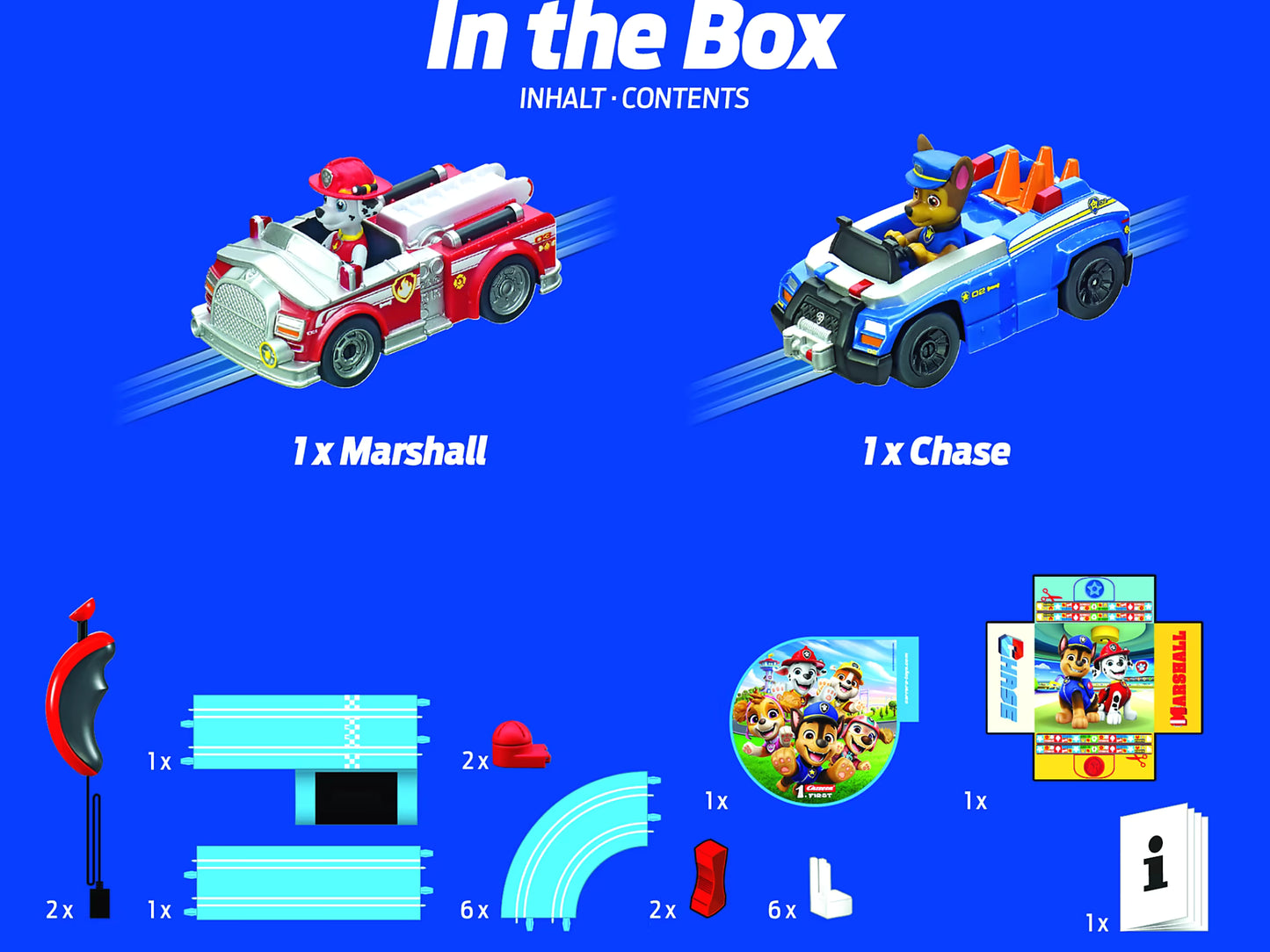 Inhoud Carrera First Paw Patrol set met Marshall brandweerauto, Chase politieauto, racebaan onderdelen en handleiding.