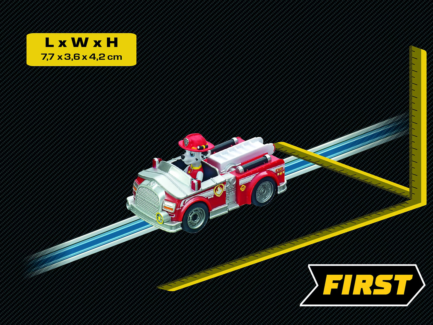 Carrera First Paw Patrol Marshall brandweerauto detailfoto met afmetingen 7,7 x 3,6 x 4,2 cm voor peuter speelgoed.