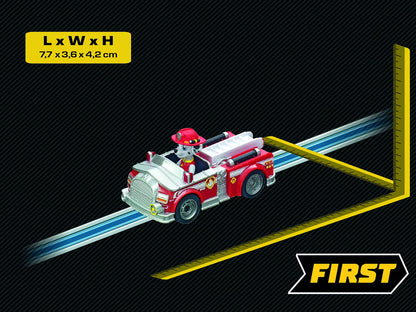 Carrera First Paw Patrol Marshall brandweerauto detailfoto met afmetingen 7,7 x 3,6 x 4,2 cm voor peuter speelgoed.