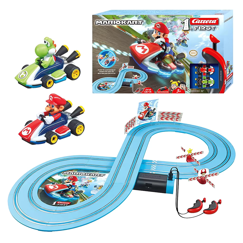 Carrera First Super Mario Kart set met Mario en Yoshi raceauto’s en baan, perfect peuter cadeau voor kinderen.