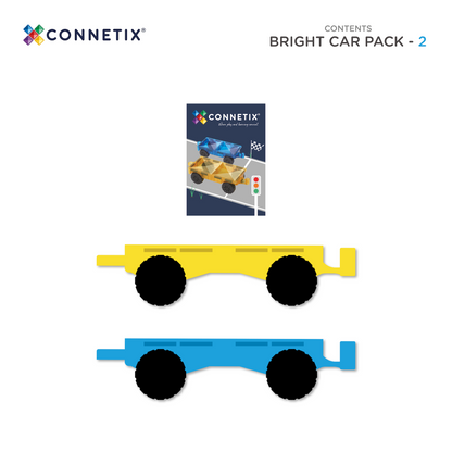 Connetix Cars Set inhoud overzicht: Bright Car Pack met 2 magnetische autos geel blauw plattegrond