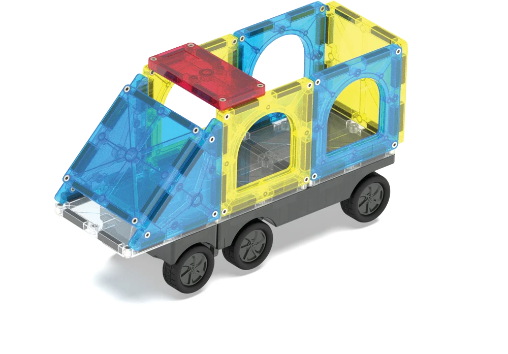 Blauw-gele bus van Magna Tiles City Center, magnetisch voertuig voor jonge kinderen en fantasierijk spel.