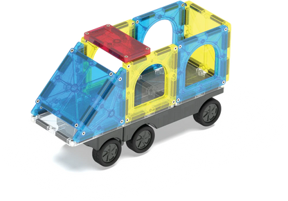 Blauw-gele bus van Magna Tiles City Center, magnetisch voertuig voor jonge kinderen en fantasierijk spel.