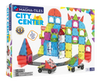Voorkant doos van Magna Tiles City Center set met 110 kleurrijke magneet bouwstenen en speelinspiratie.