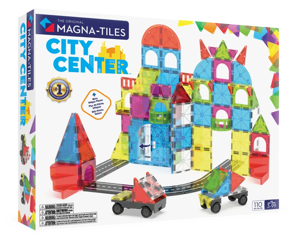 Voorkant doos van Magna Tiles City Center set met 110 kleurrijke magneet bouwstenen en speelinspiratie.