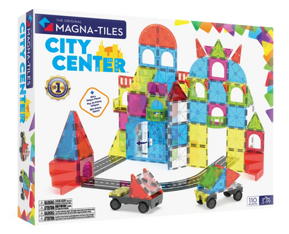 Voorkant doos van Magna Tiles City Center set met 110 kleurrijke magneet bouwstenen en speelinspiratie.