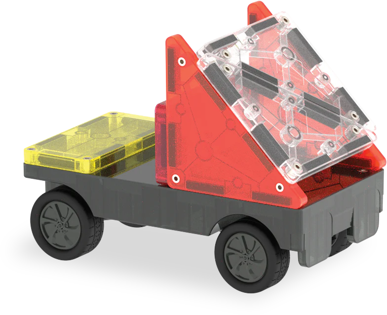 Rood-gele vrachtwagen uit de Magna Tiles City Center set, stevig magnetisch speelgoed voor peuters.