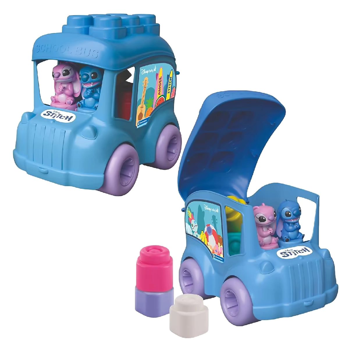 Clementoni Clemmy Stitch Activiteiten bus opengeklapt met blokken, leuk peuter cadeau en Disney speelgoed.