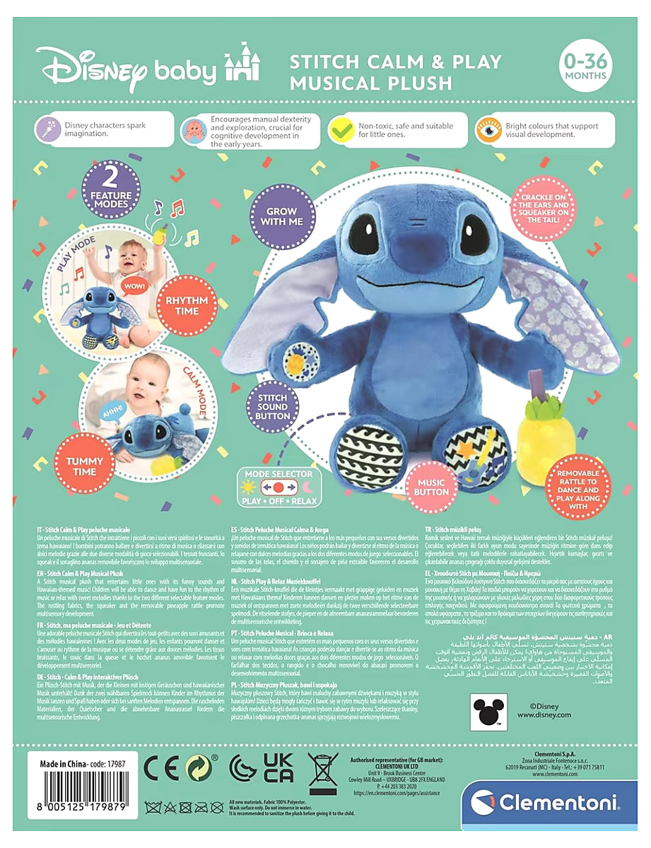 Achterzijde verpakking Clementoni Stitch Knuffel Musical Activity met Disney design, sensorisch speelgoed en speelstanden.