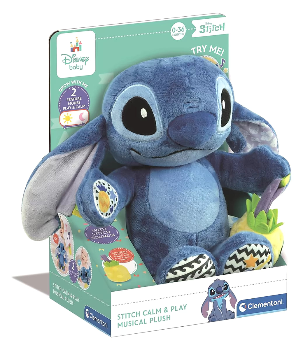 Voorzijde verpakking Clementoni Stitch Knuffel Musical Activity met Disney Stitch figuur, ideaal kraamcadeau of peuter cadeau.