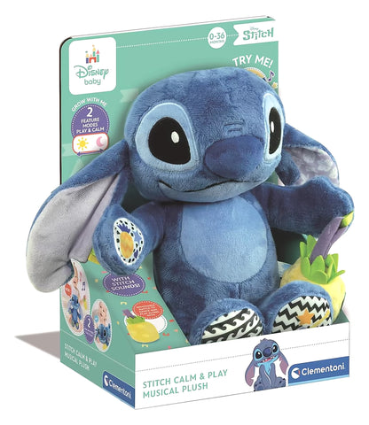 Voorzijde verpakking Clementoni Stitch Knuffel Musical Activity met Disney Stitch figuur, ideaal kraamcadeau of peuter cadeau.