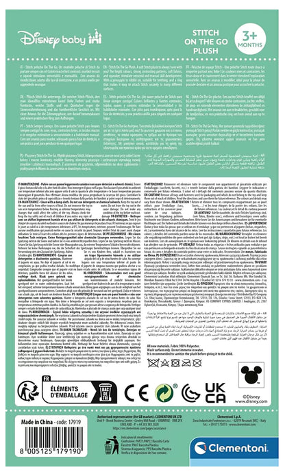 Clementoni Stitch zachte rammelaar achterzijde verpakking met gebruiksaanwijzing, baby cadeau en peuter speelgoed.