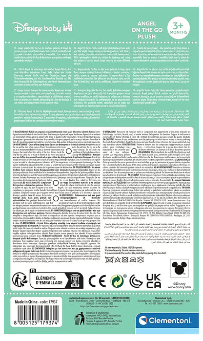 Achterzijde verpakking Clementoni Stitch zachte rammelaar - Angel met productinformatie en Disney logo voor baby cadeau.