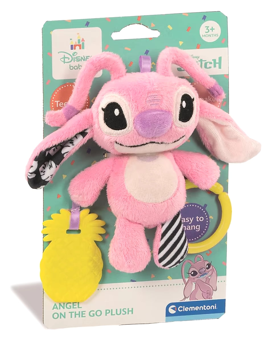 Voorkant verpakking Clementoni Stitch zachte rammelaar - Angel knuffel met ring en bijtring, geschikt als kraamcadeau.