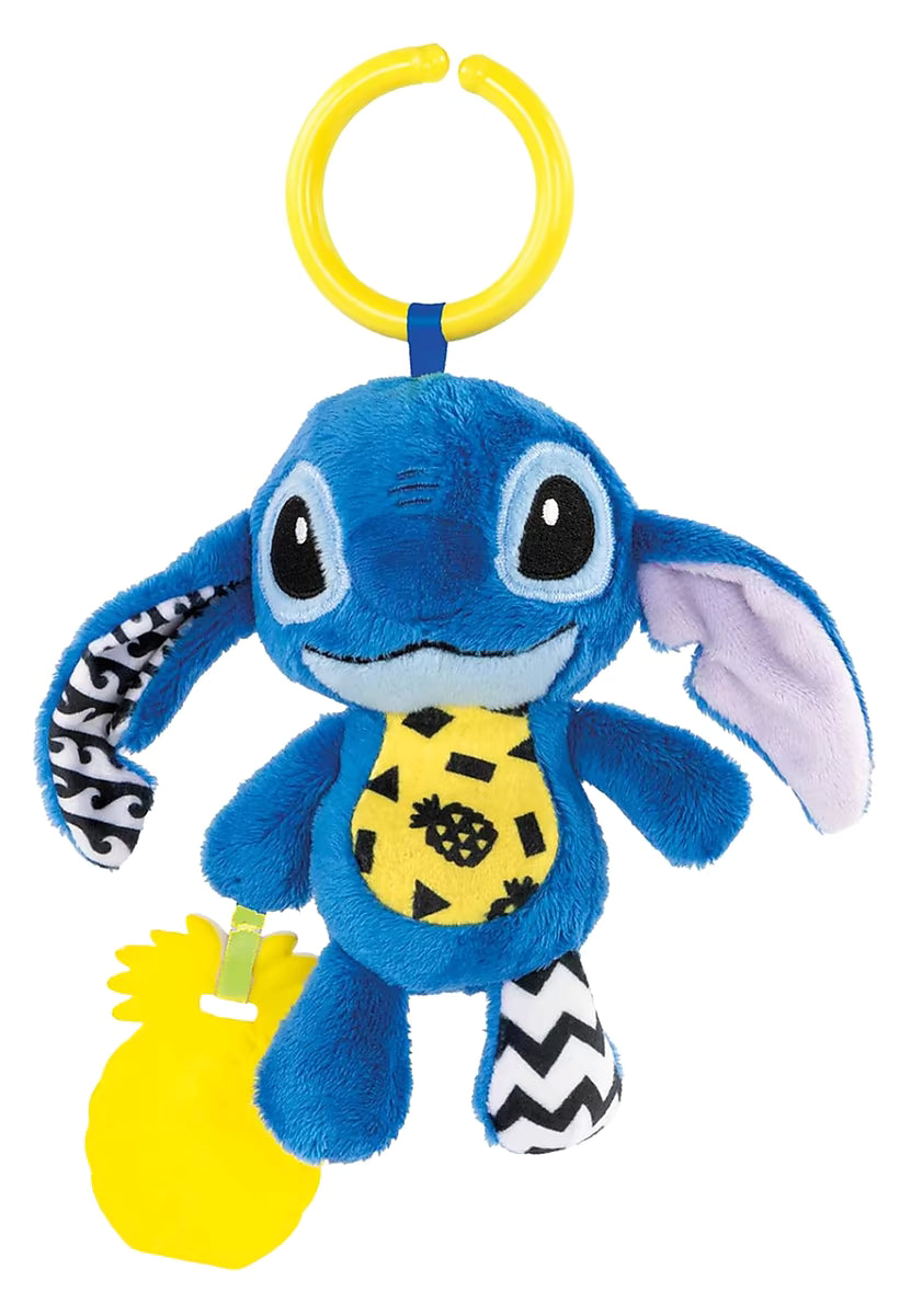 Clementoni Stitch zachte rammelaar blauw pluche speelgoed met gele bijtring en vrolijke details, ideaal sensorisch speelgoed.