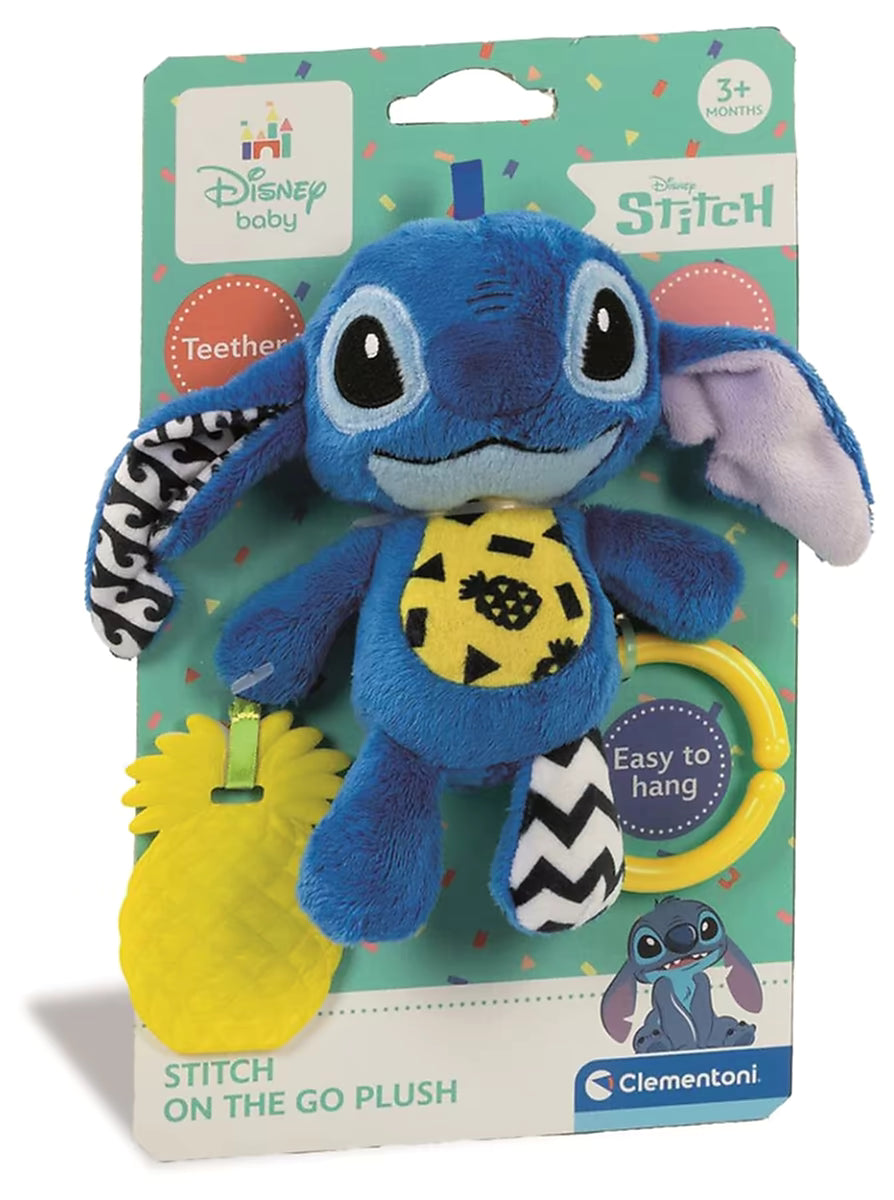 Clementoni Stitch zachte rammelaar voorkant verpakking, Disney activiteiten knuffel met teether en clip, leuk kraamcadeau.