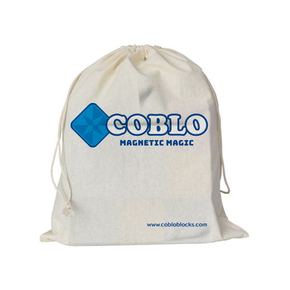 Coblo 100 stuks katoenen opbergzak beige met blauw logo Magnetic Magic voor magnetisch speelgoed