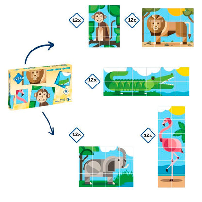 Coblo blokken uitbreiding overzicht 60 puzzelkaarten safari dieren: aap, leeuw, krokodil, olifant