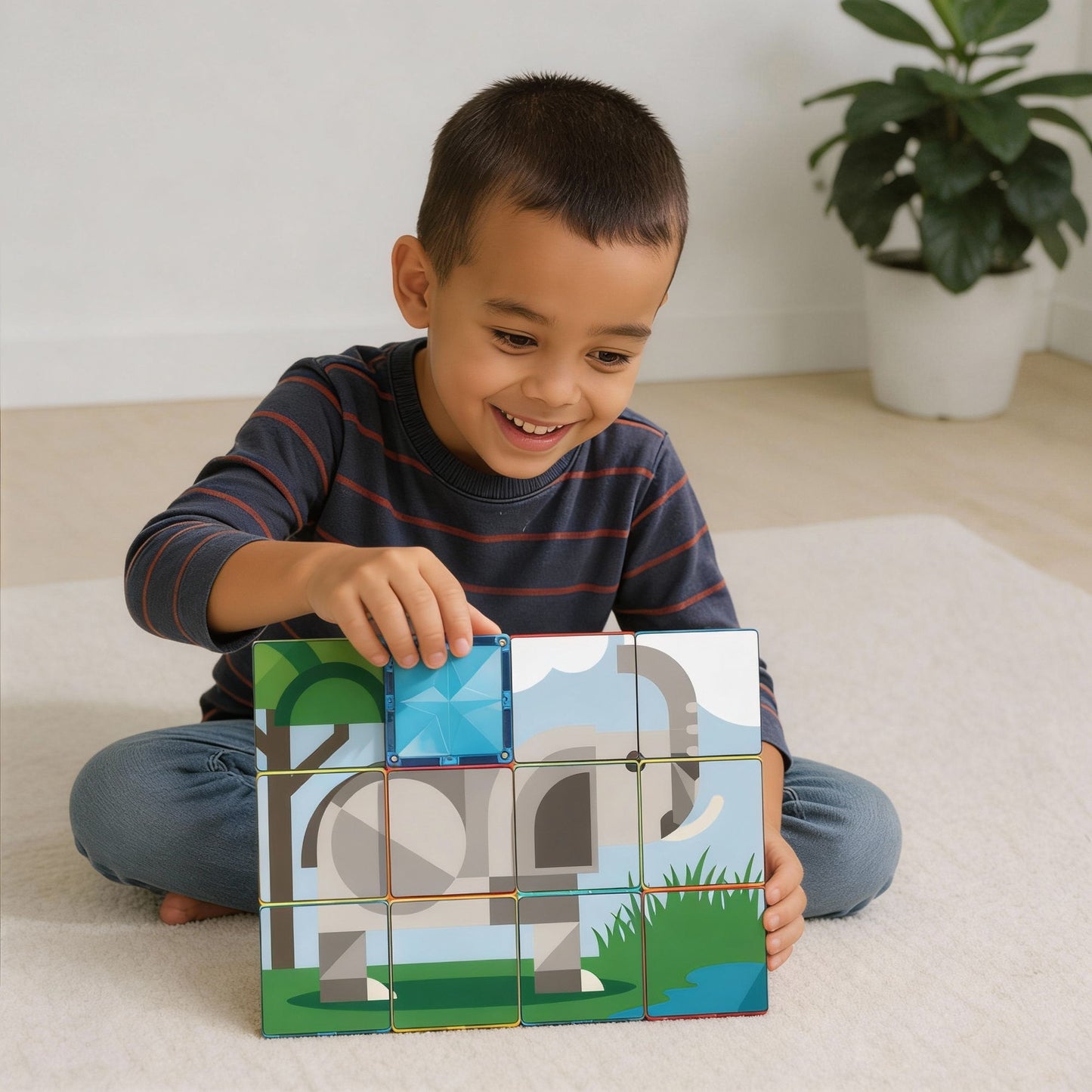 Coblo bouwen kind speelt met olifant puzzel, magnetische tegels vormen safari dier puzzelkaart