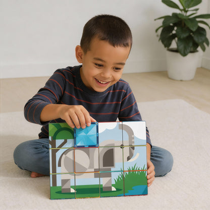 Coblo bouwen kind speelt met olifant puzzel, magnetische tegels vormen safari dier puzzelkaart