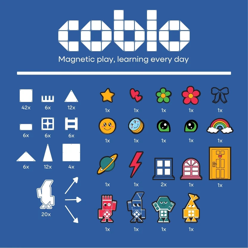 Coblo Classic 100 stuks inhoud overzicht: magnetische tegels en 20 icon toppers, bovenaanzicht