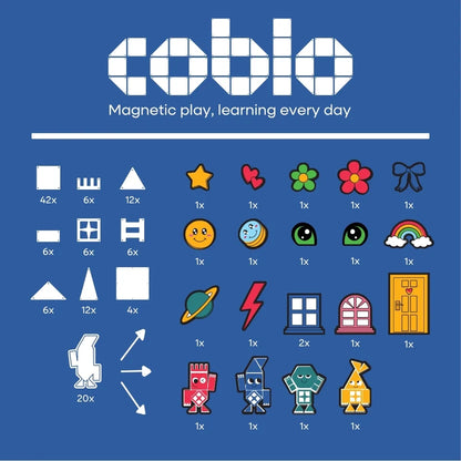 Coblo Classic 100 stuks inhoud overzicht: magnetische tegels en 20 icon toppers, bovenaanzicht