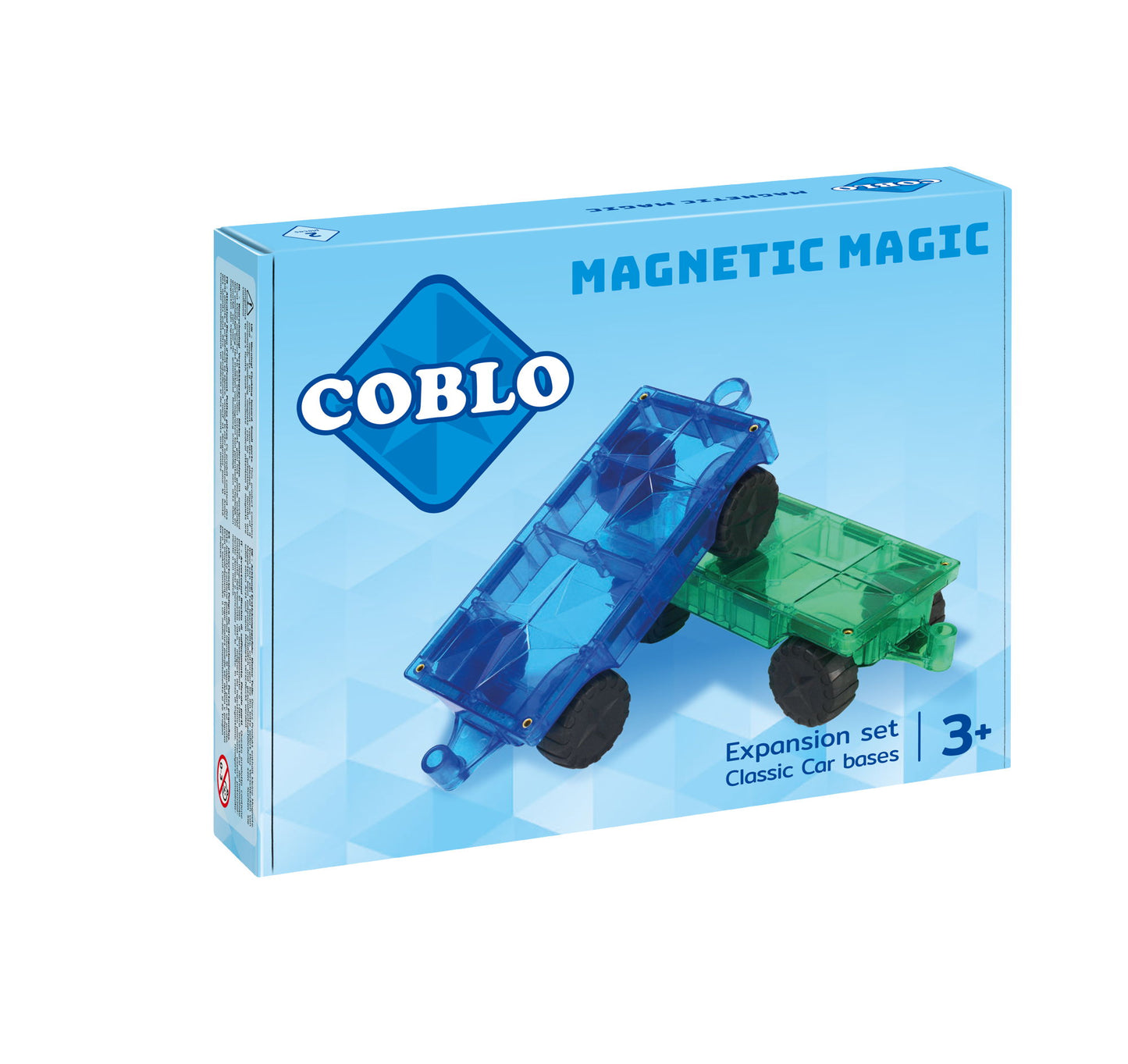 Coblo classic auto onderstellen voorkant verpakking met magnetisch speelgoed en expansion set tekst