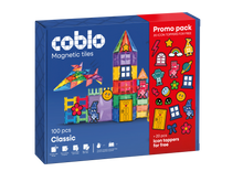 Coblo Classic magnetisch speelgoed 100 stuks promopack met 20 icon toppers, voorkant verpakking