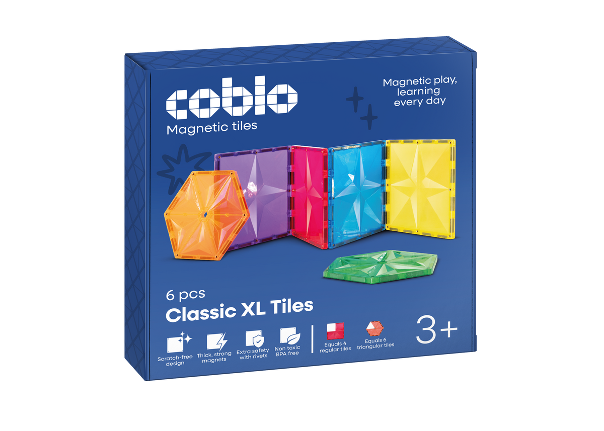 Coblo Classic XL 6 tegels voorkant verpakking met kleurrijke magnetische tegels op blauwe doos