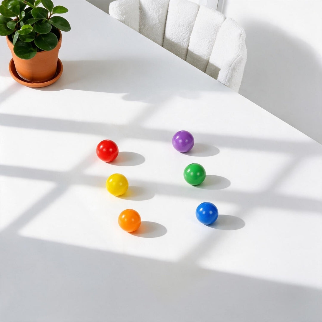 Coblo knikkerbaan knikkers detailfoto, zes gekleurde ballen op witte ondergrond met plantdecoratie