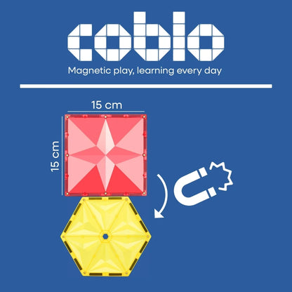 Magneten speelgoed Coblo 15cm vierkante en hexagon tegels, detail foto met afmetingen en magneet icoon