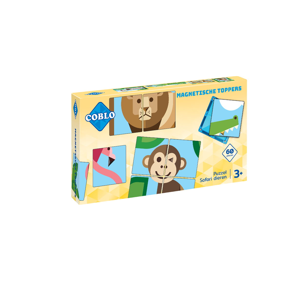 Coblo Magneet Toppers Dieren 60 stuks voorkant verpakking met flamingo, aap en krokodil puzzelkaarten