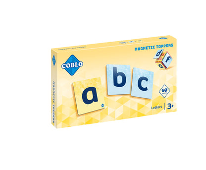 Coblo Magneet Toppers Letters 60 stuks - voorkant gele verpakking met abc letterkaarten voor kinderen 3+
