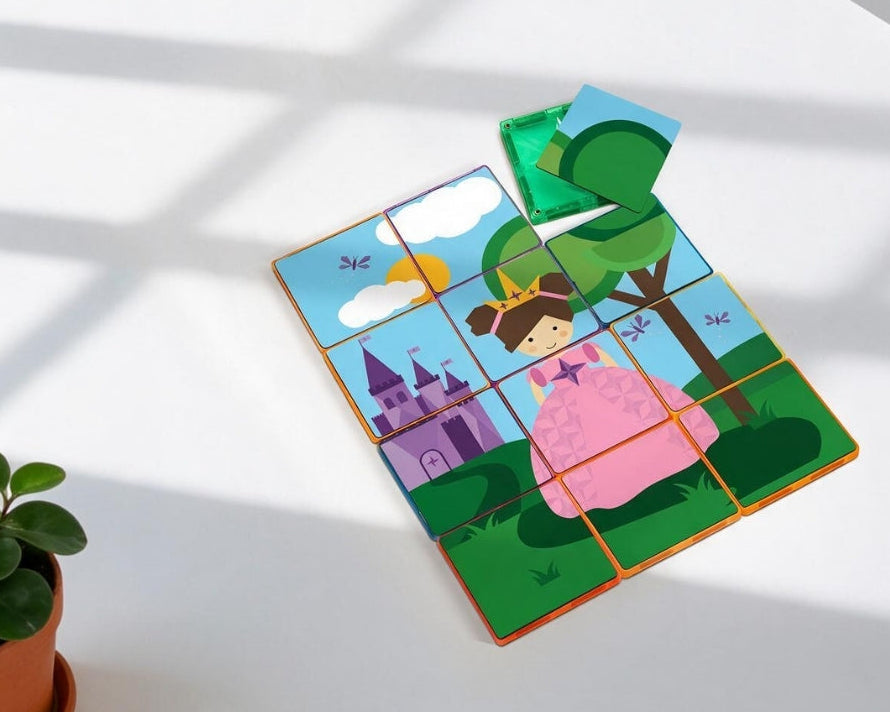 Coblo magneet toppers prinsessen puzzel met magnetische tegels en prinses in roze jurk bovenaanzicht