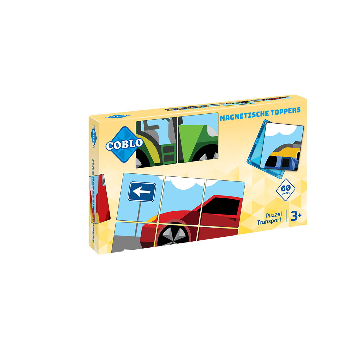 Coblo Magneet Toppers Transport 60 stuks verpakking voorkant met puzzel transport voertuigen 3+