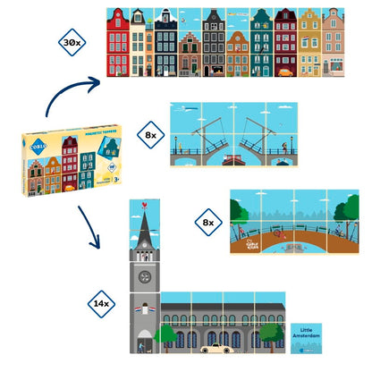 Coblo Magneet Toppers uitbreiding 60 stuks puzzelkaarten grachtenhuizen bruggen overzicht inhoud