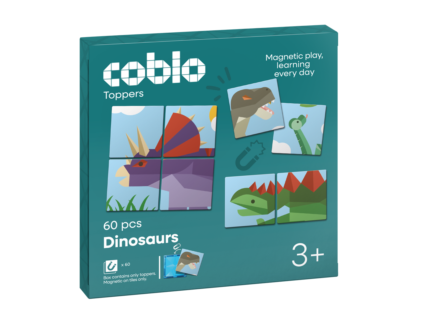 Coblo Magneettoppers dinos 60 stucks verpakking met dinosauruspuzzels en magnetisch speelgoed vanaf 3 jaar
