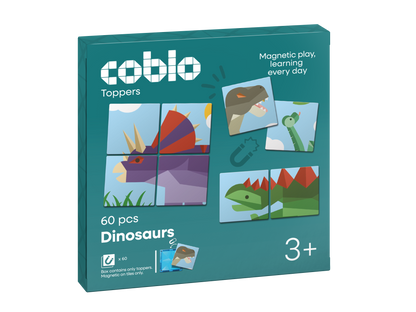 Coblo Magneettoppers dinos 60 stucks verpakking met dinosauruspuzzels en magnetisch speelgoed vanaf 3 jaar