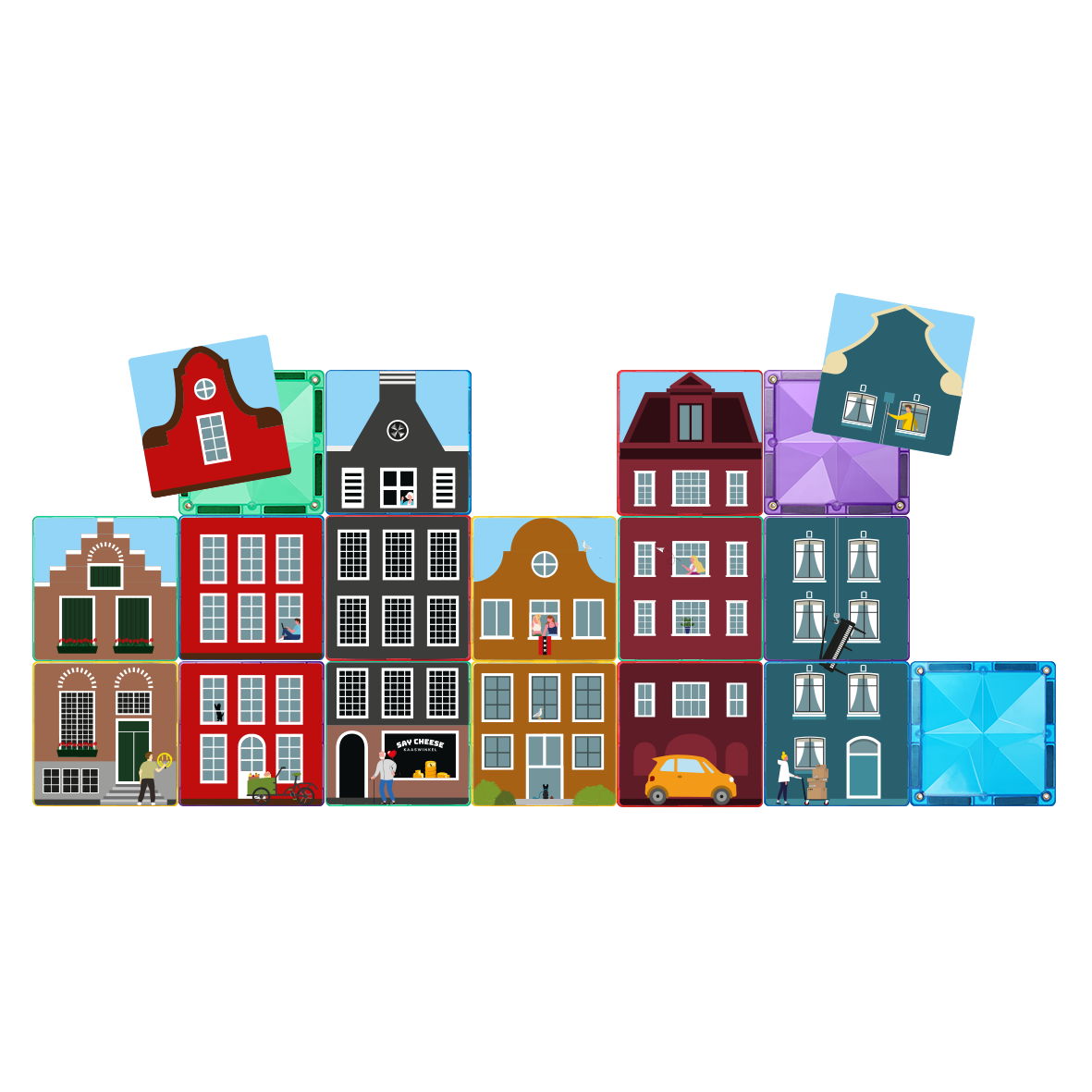 Coblo magneten Little Amsterdam bovenaanzicht met gekleurde magnetische tegels en puzzelkaarten